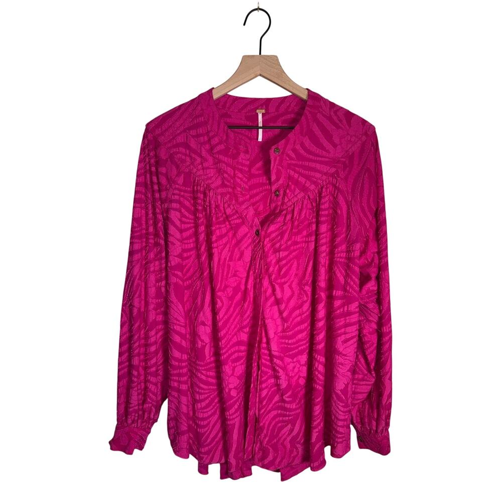 FREE PEOPLE Oversized Beachy Boho Barbiecore Bright Pink textured blouse S